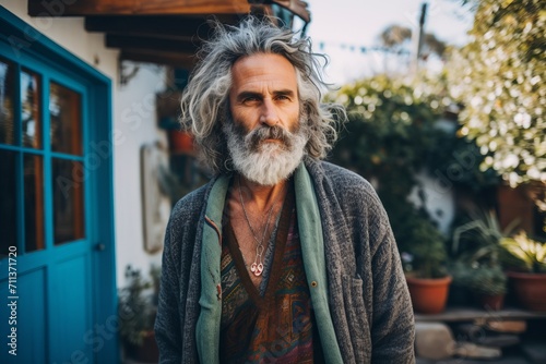 Portrait of an old man with long gray hair and beard in the streets of a small town