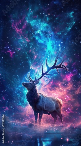 A mystical elk captures starlight and the aurora borealis  embodying the concept of animals resonating with cosmic energy. 