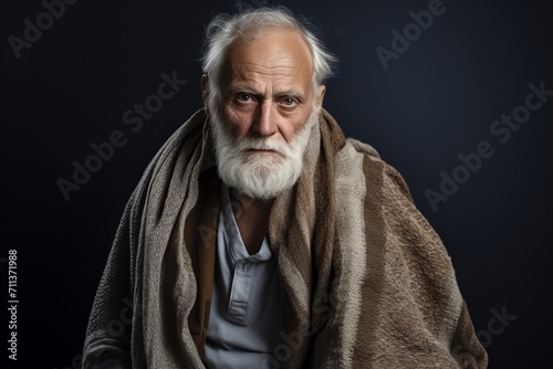 Portrait of an old man covered with a blanket, looking at the camera.