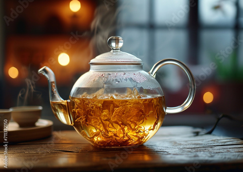 Tea brewing in a glass teapot, capturing the swirling patterns of leaves and hot water.