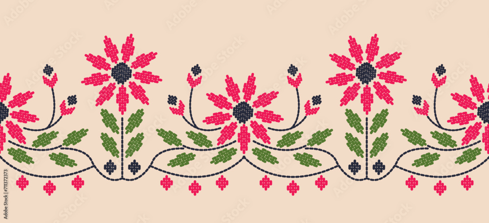 Beautiful Embroidery floral, leaves and branches, Pattern the neckline, decorate hem, skirt, adorning sleeves pink flower embroidery. beautiful border floral embroidery. Ethnic pattern
