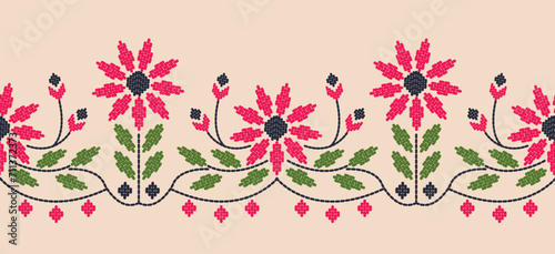 Beautiful Embroidery floral, leaves and branches, Pattern the neckline, decorate hem, skirt, adorning sleeves pink flower embroidery. beautiful border floral embroidery. Ethnic pattern
