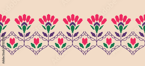 Beautiful Embroidery floral, leaves and branches, Pattern the neckline, decorate hem, skirt, adorning sleeves pink flower embroidery. beautiful border floral embroidery. Ethnic pattern