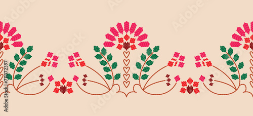 Beautiful Embroidery floral, leaves and branches, Pattern the neckline, decorate hem, skirt, adorning sleeves pink flower embroidery. beautiful border floral embroidery. Ethnic pattern photo