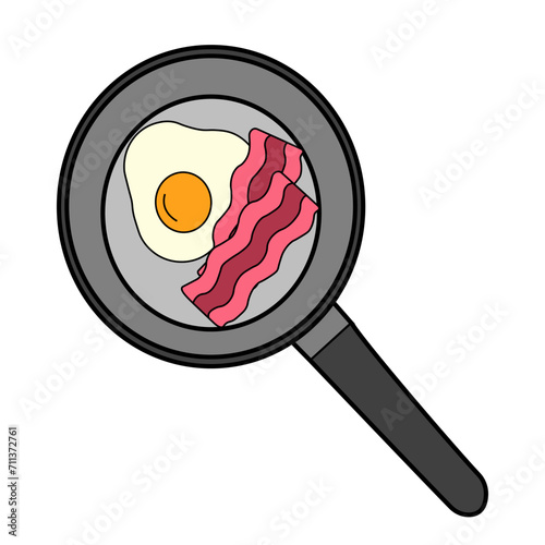 Breakfast with scrambled eggs, bacon and lettuce leaves.Healthy breakfast plate.Morning plate.Fried egg.British breakfast.Isolated on white background.Vector flat illustration.