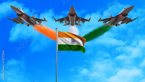 Indian fighter aircraft producing smoke with a flag color photo