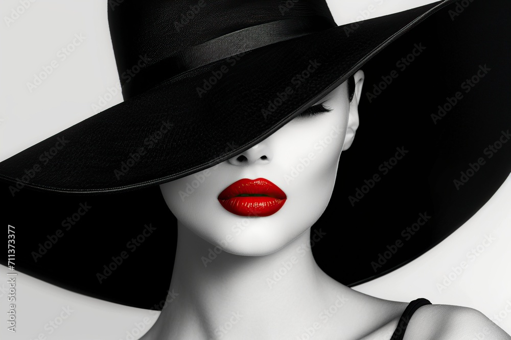 black and white, mysterious woman with black hat and red lips