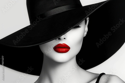 Obraz na płótnie black and white, mysterious woman with black hat and red lips w salonie