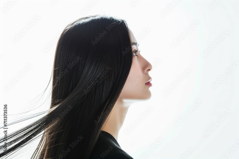 Naklejka premium 黒髪の綺麗な日本人女性の写真（ヘアケア・ロングヘア・縮毛矯正・ストレート・背景なし）