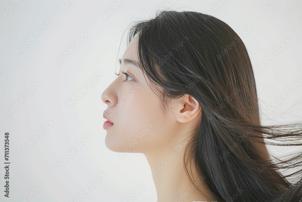 黒髪の綺麗な日本人女性の写真（ヘアケア・ロングヘア・縮毛矯正・ストレート・背景なし）