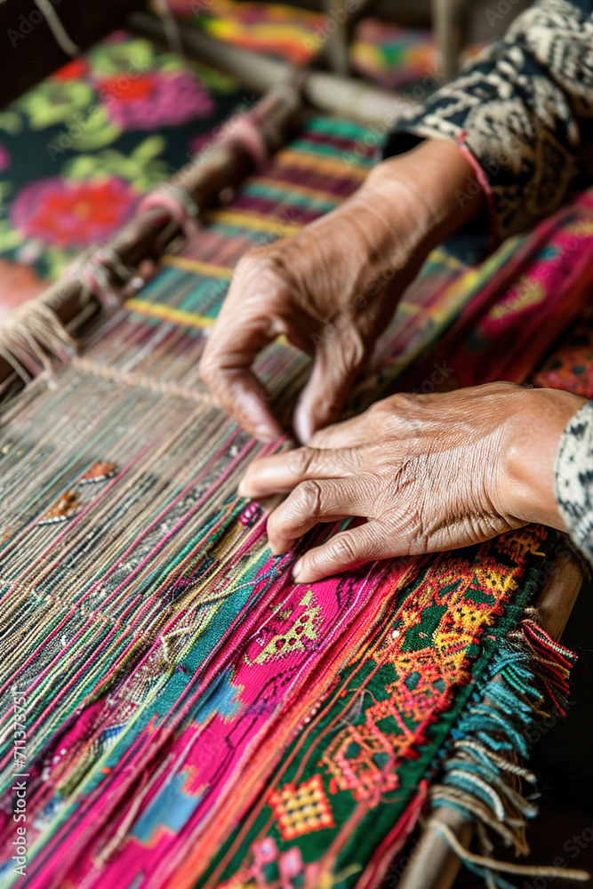 Hands weaving intricate patterns in textiles. Hands weaving intricate patterns in textiles.
