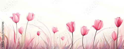 Watercolor wet ink style, soft spring field, tulip flowers, minimal with empty copy space Generative Ai