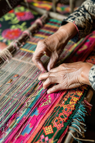 Hands weaving intricate patterns in textiles.