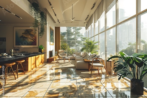 Illustration of modern light apartment with big windows
