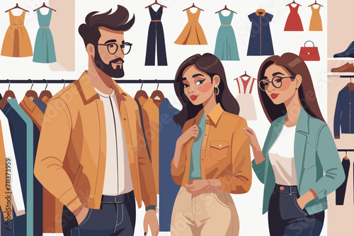 Two women and a men are in a clothing store, wearing fashion clothing,  Vector illustration
