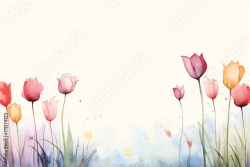 Watercolor wet ink style  soft spring field  tulip flowers  minimal with empty copy space Generative Ai