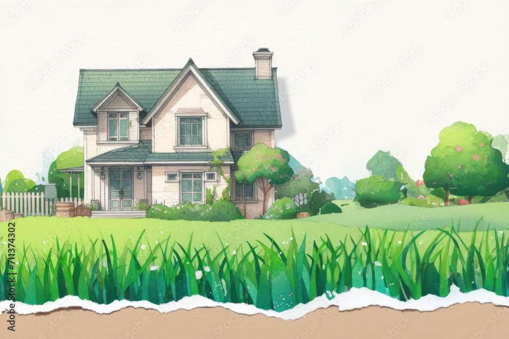 The Illustration with watercolor paints with a wooden house and grass. Torn collage