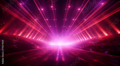 violet light beams at an event, in the style of light brown and crimson