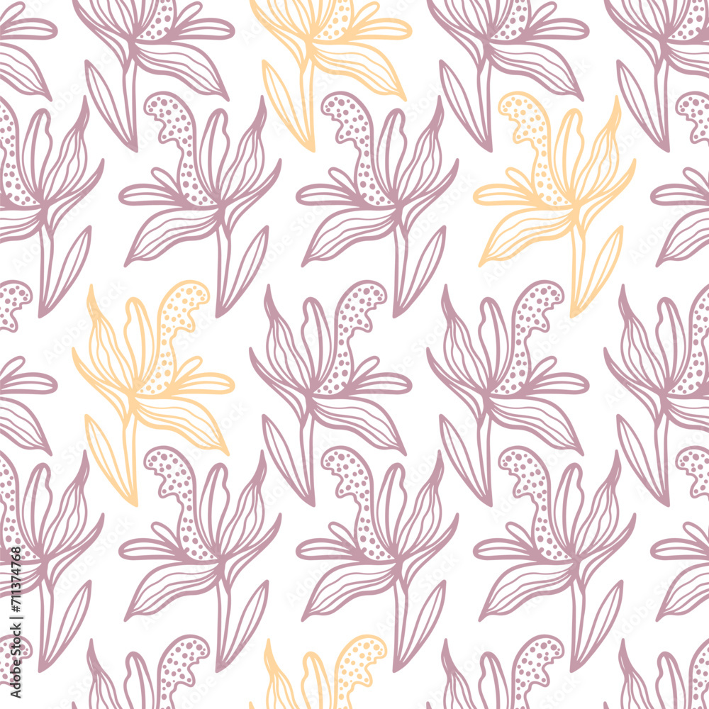 Trendy floral seamless pattern. Hand-drawn contour lines of fantastic flowers in magenta and yellow. Vector sketch illustration of tropical plants
