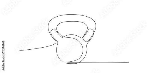 Drawing of kettlebell in continuous single line style. Sport equipment in linear style. Outline symbol for design of poster banner. Sport, workout, wellness. Editable stroke Vector doodle illustration