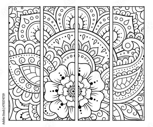 Printable bookmark for book - coloring. Set of black and white labels with flower patterns, hand draw in mehndi style. Sketch of ornaments for creativity of children and adults with colored pencils.