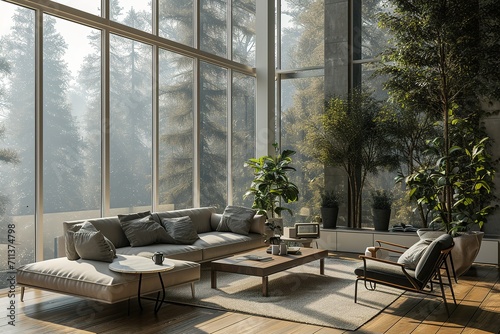 Interior of light living room with cozy grey sofas  coffee table and big window