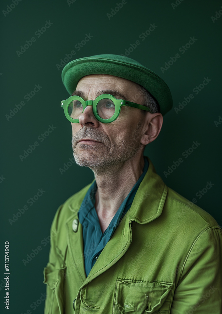 Portrait photograph of a man wearing full green clothing on a green background Portrait photograph of a man wearing full green clothing on a green background