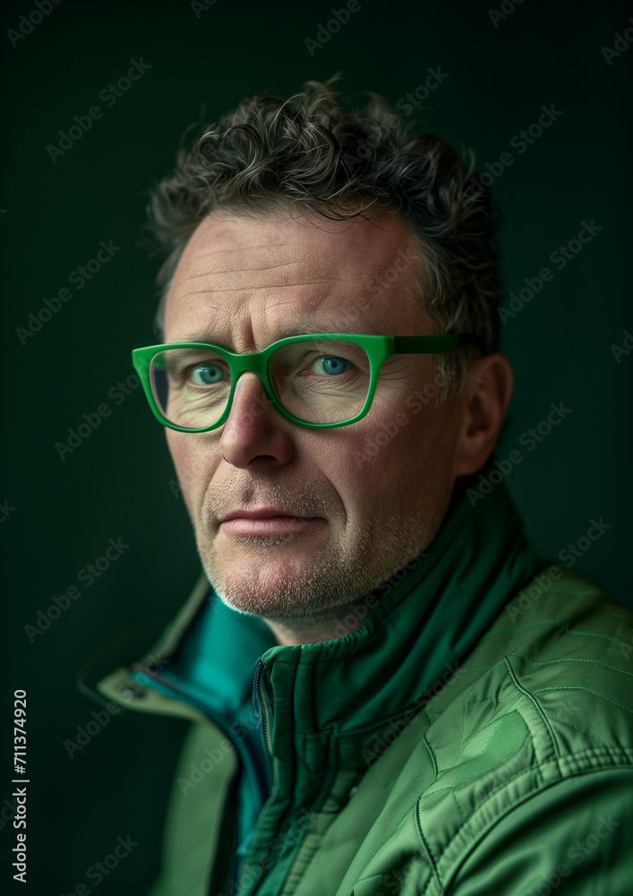 Portrait photograph of a man wearing full green clothing on a green background Portrait photograph of a man wearing full green clothing on a green background