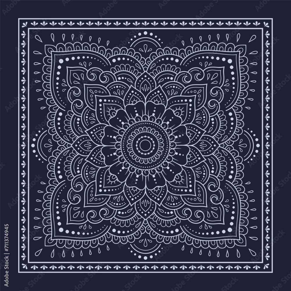 Circular pattern in form of mandala with flower for Henna, Mehndi, decoration. Blue decorative ornament in ethnic oriental style for a bandana. Outline doodle hand draw vector illustration.