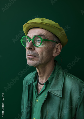 Portrait photograph of a man wearing full green clothing on a green background