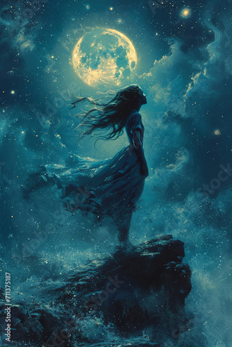 Fantasy illustration of a woman in a night sky with full moon