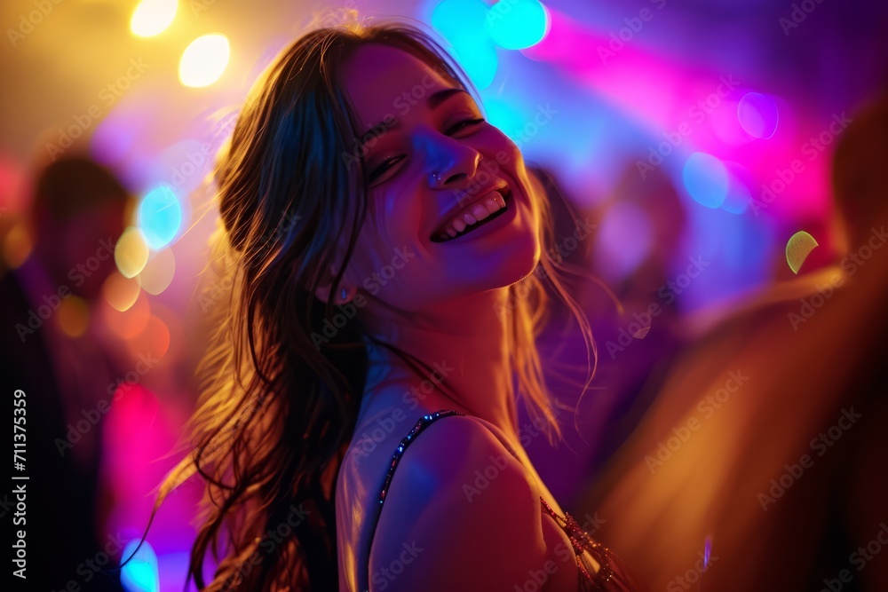 Joyful woman smiling at a vibrant party with colorful lights in the background. Joyful woman smiling at a vibrant party with colorful lights in the background.