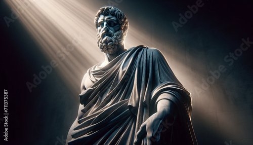Escultura de un filosófico o estatua estoica de la antigua Grecia representando la sabiduría del estoicismo, filosofía de vida, motivación oscura y el desarrollo personal photo