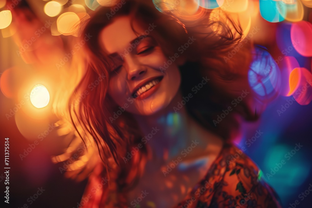 Joyful young woman dancing with colorful bokeh lights in background, expressing happiness and celebration.