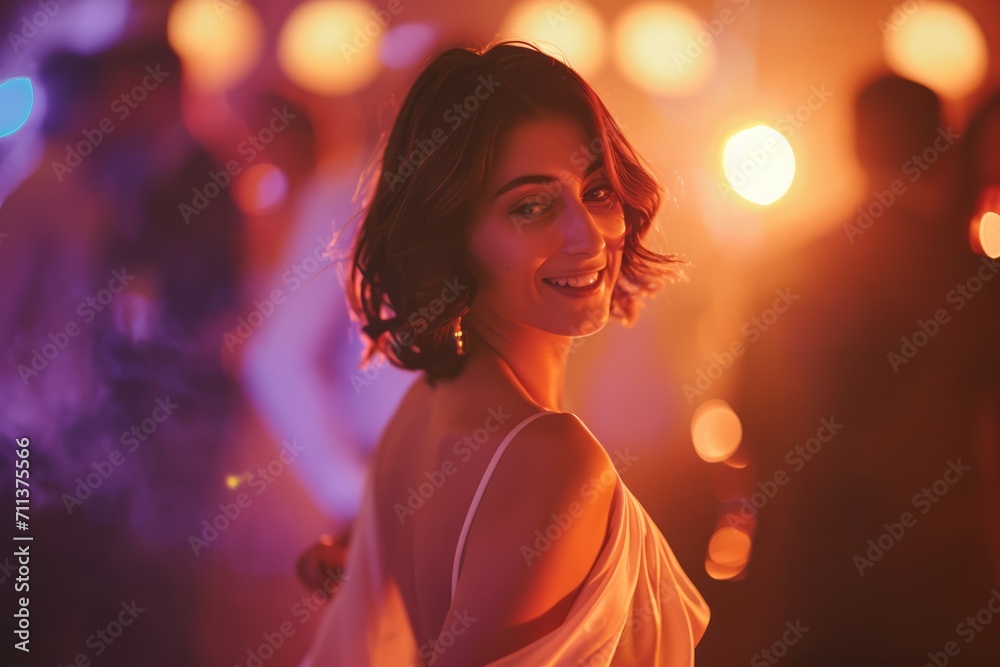 Smiling woman enjoying a party with colorful lights in the background. Smiling woman enjoying a party with colorful lights in the background.