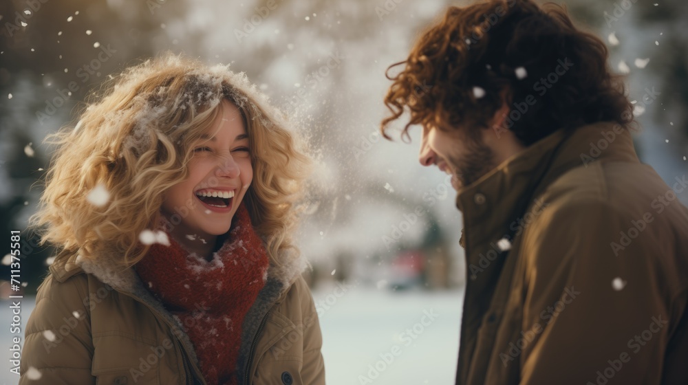 Young couple laughing, having playful snowball fight in snowy park on Valentine's morning.