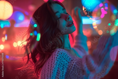 Young woman enjoying a party atmosphere with colorful lights and bokeh background.