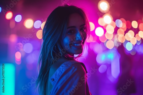 Smiling woman with colorful bokeh lights in a festive, nightlife setting.