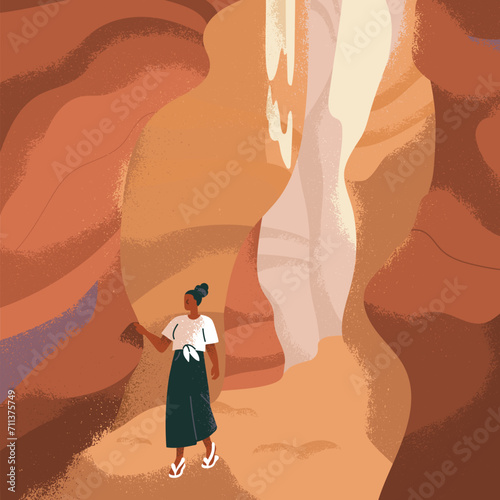 Woman travels, walk in canyon, sand cave, rock. Tourist exploring nature in outdoor adventure. Sandy mountains, serene landscape, person explorer strolling, searching. Flat vector illustration