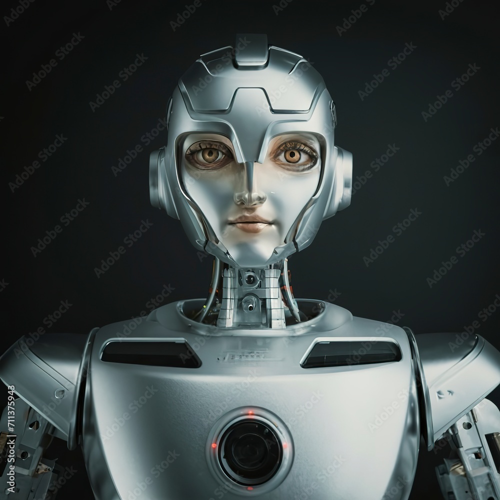 A silver robot with a face made of plastic