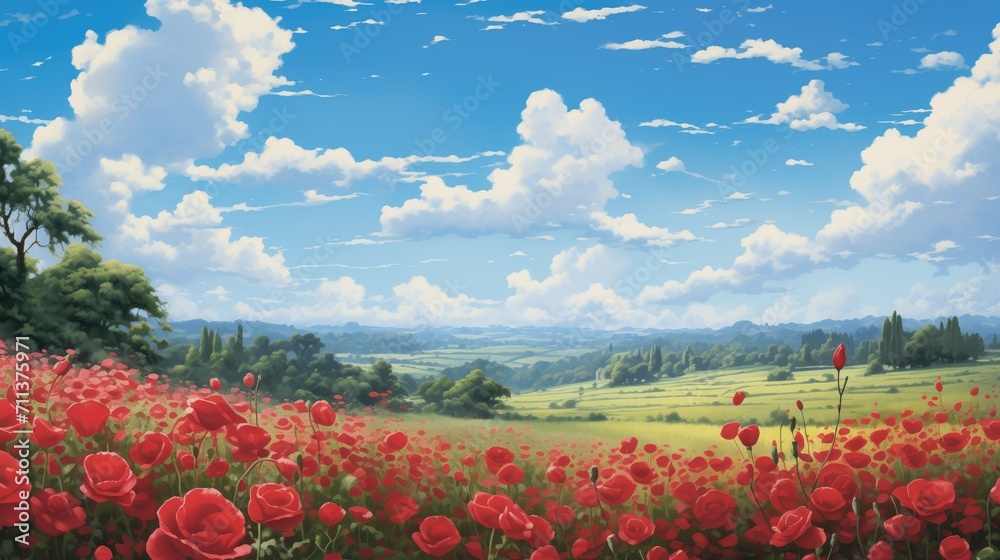Field of red roses, blue sky, white clouds, idyllic countryside love.