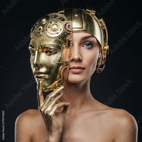 A woman with a robot head and a gold head