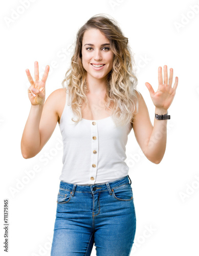 Young beautiful blonde woman over isolated background showing and pointing up with fingers number eight while smiling confident and happy.