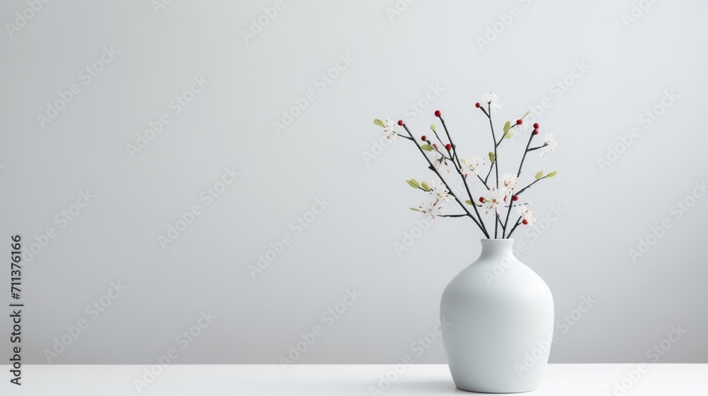 A vase is placed on one side with complete white background - Generative AI A vase is placed on one side with complete white background - Generative AI