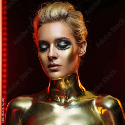 Awesome blonde woman with bright makeup and gold foil on her neck and back