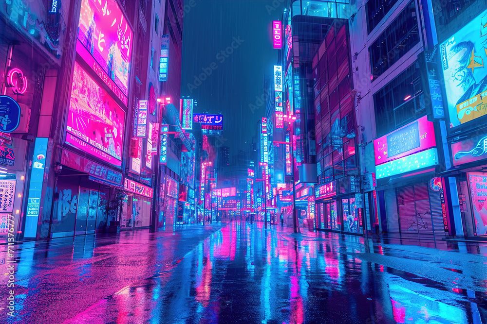 Neon lights and holographic advertisements in a city setting.