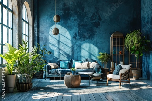 Modern cozy living room and blue wall texture background interior design / 3D rendering © abstract Art