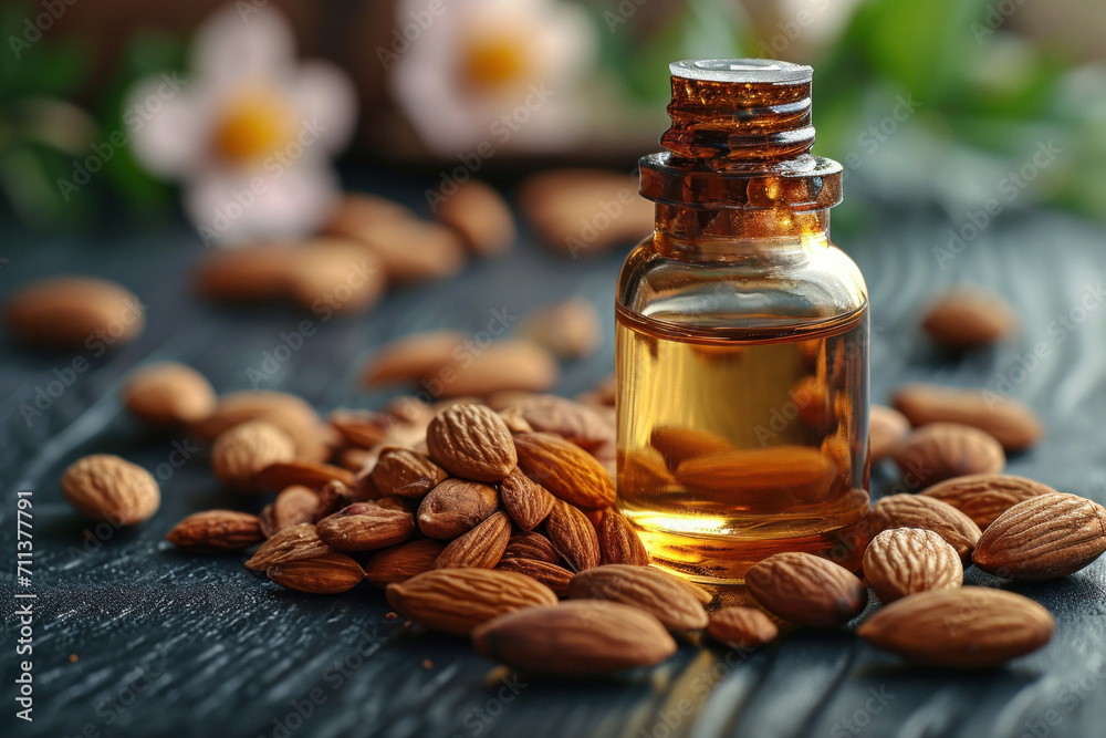An array of organic almond oil highlighting its versatile applications in food, health and beauty, with an emphasis on its natural and health-promoting properties. An array of organic almond oil highlighting its versatile applications in food, health and beauty, with an emphasis on its natural and health-promoting properties.