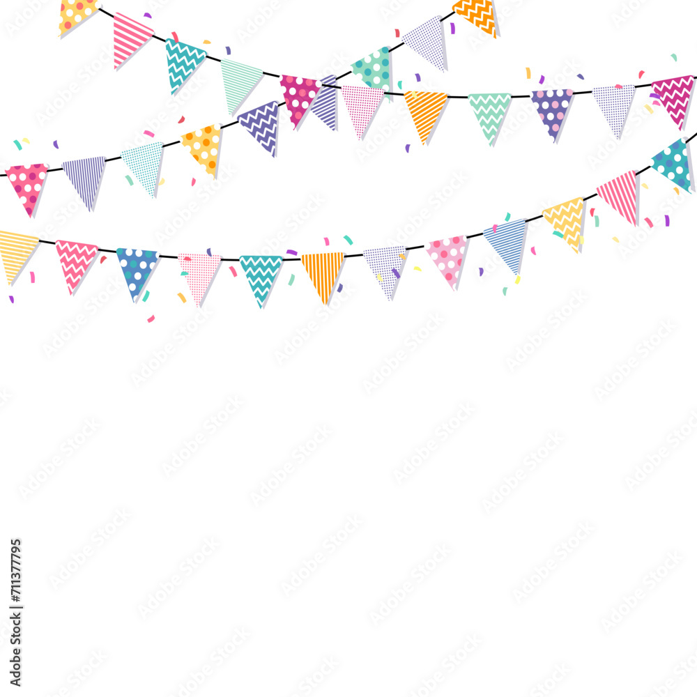 Party flags with confetti and ribbons on white background, buntings, garlands, poster, greeting card.