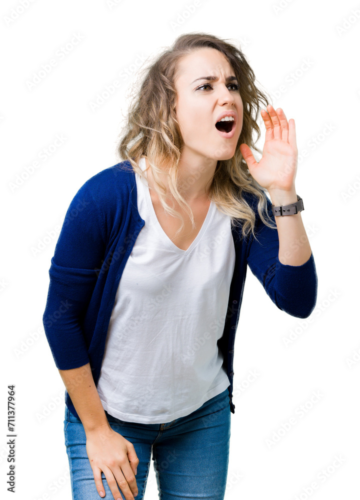 Beautiful young blonde woman over isolated background shouting and screaming loud to side with hand on mouth. Communication concept. Beautiful young blonde woman over isolated background shouting and screaming loud to side with hand on mouth. Communication concept.